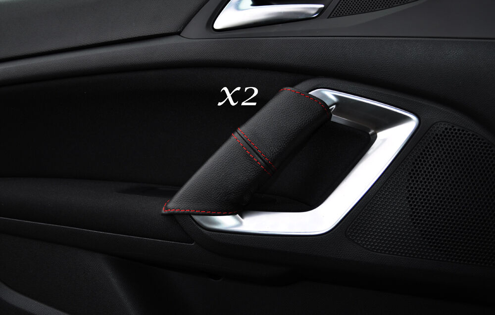 RED STITCHING 2X DOOR HANDLE LEATHER SKIN COVERS FITS PEUGEOT 308 2013-2015