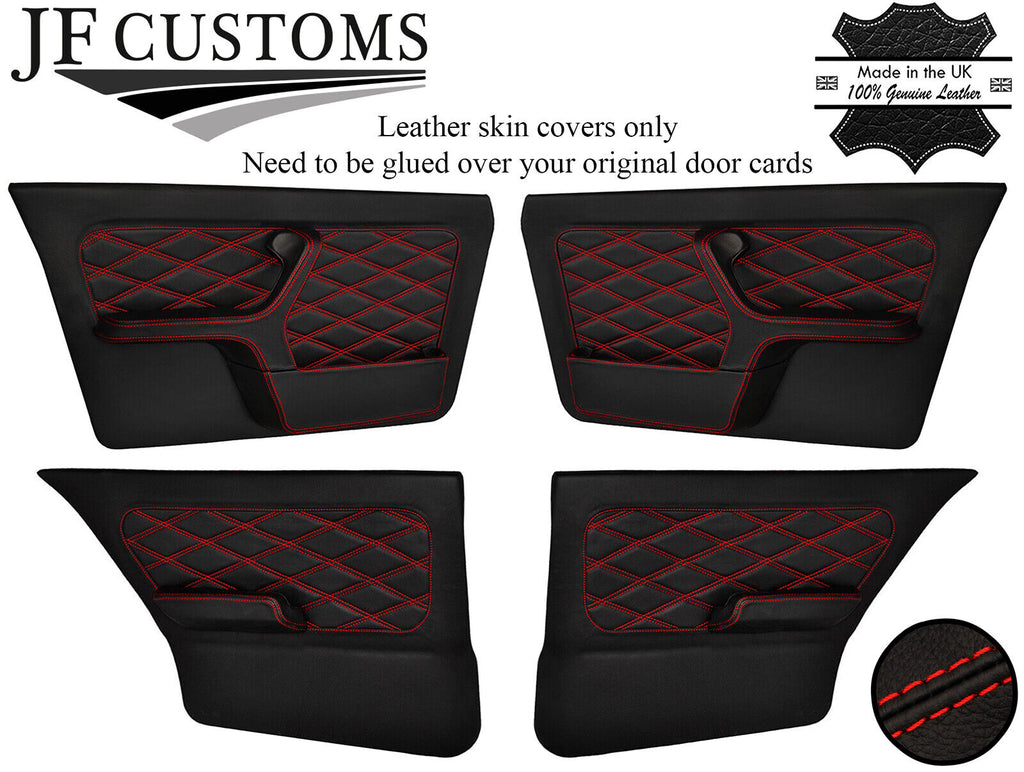 RED DIAMOND STITCH LEATHER 4X DOOR CARD COVERS FITS BMW E30 SALOON STYLE 3