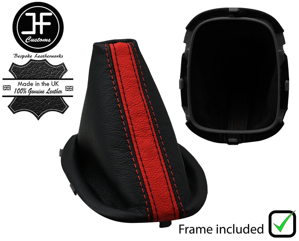 RED BLACK STRIPE LEATHER GEAR GAITER+PLASTIC FRAME FITS PEUGEOT 108 2014-2020