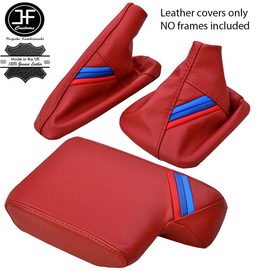 DARK RED LEATHER TRI STRIPES GEAR HANDBRAKE ARMREST COVER FOR BMW E36 91-99