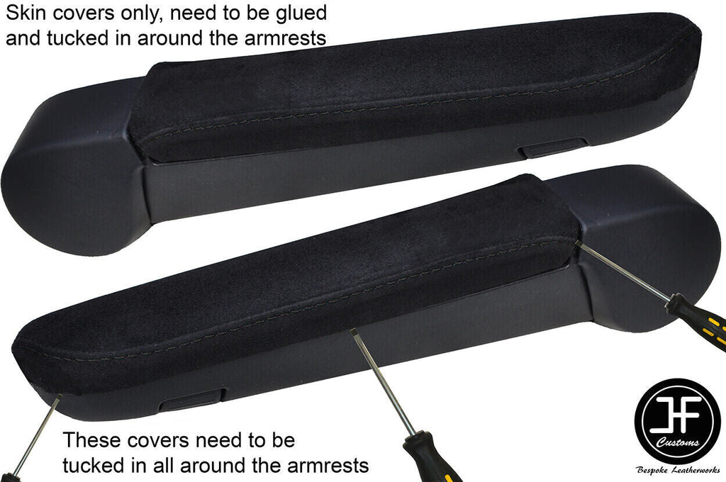 BLACK STITCHING 2X ARMREST SUEDE COVERS FITS VW T6 TRANSPORTER 2016-2019