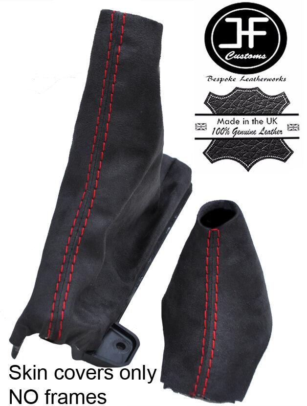 RED STITCH CHARCOAL PU SUEDE MANUAL GEAR HANDBRAKE SET FOR FORD MUSTANG 15-17