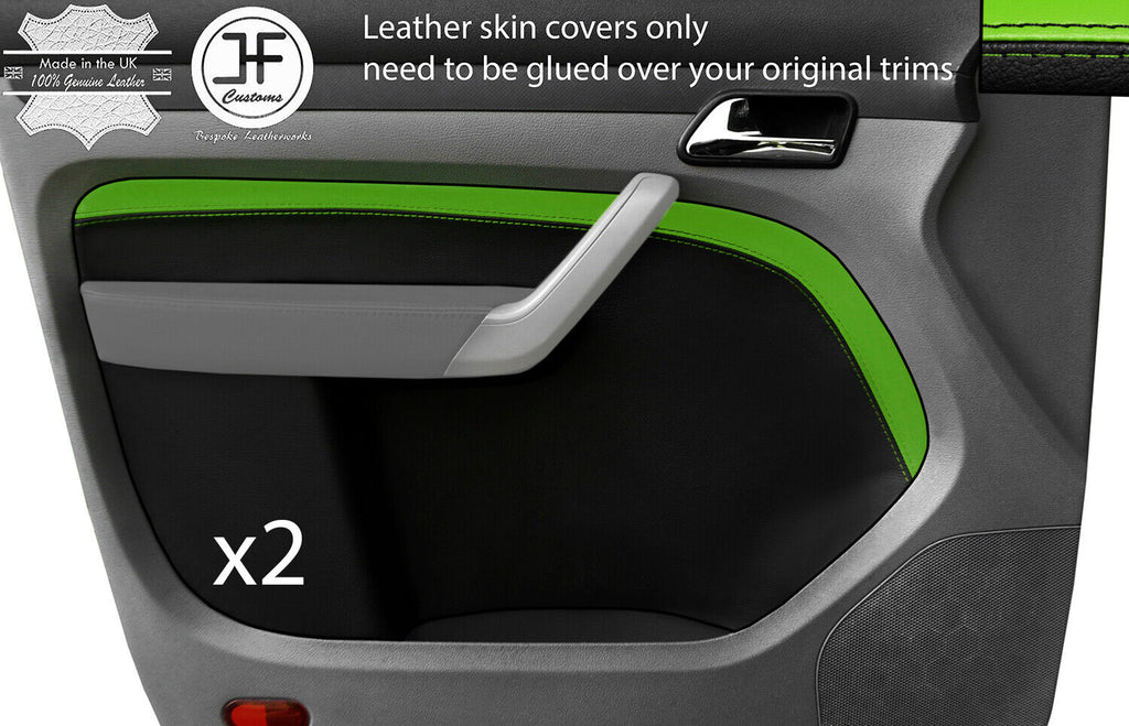 BLACK & GREEN LEATHER 2X FRONT DOOR CARD TRIM COVERS FITS VW CADDY MK3 05-15