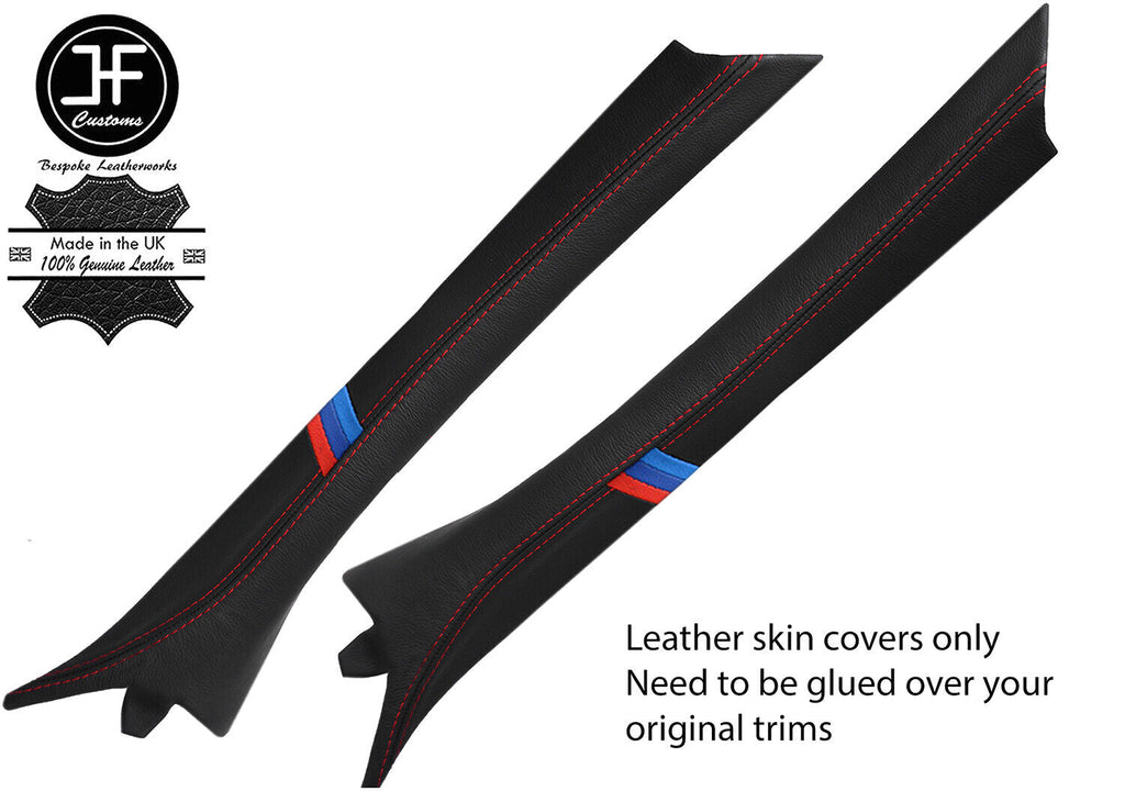 RED STITCH TRI STRIPE 2X A PILLAR LEATHER COVERS FOR BMW E36 CONVERTIBLE 93-98