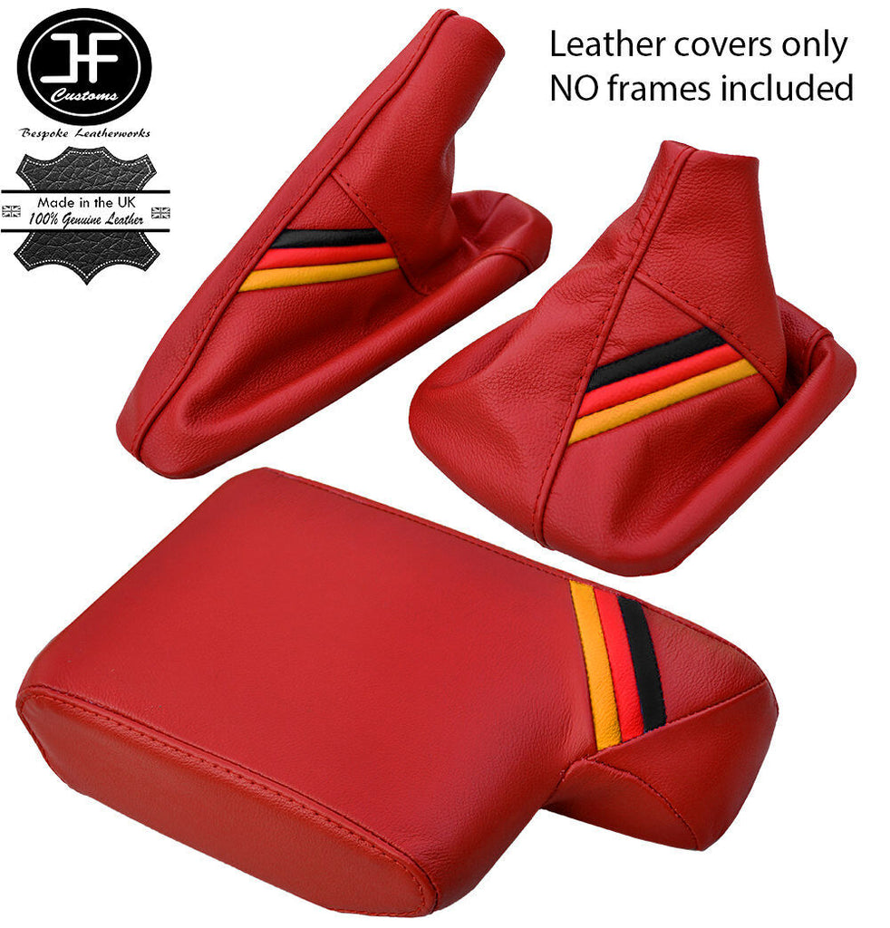TANIN RED LEATHER GERMAN STRIPES GEAR HANDBRAKE ARMREST COVER FOR BMW E46 99-05