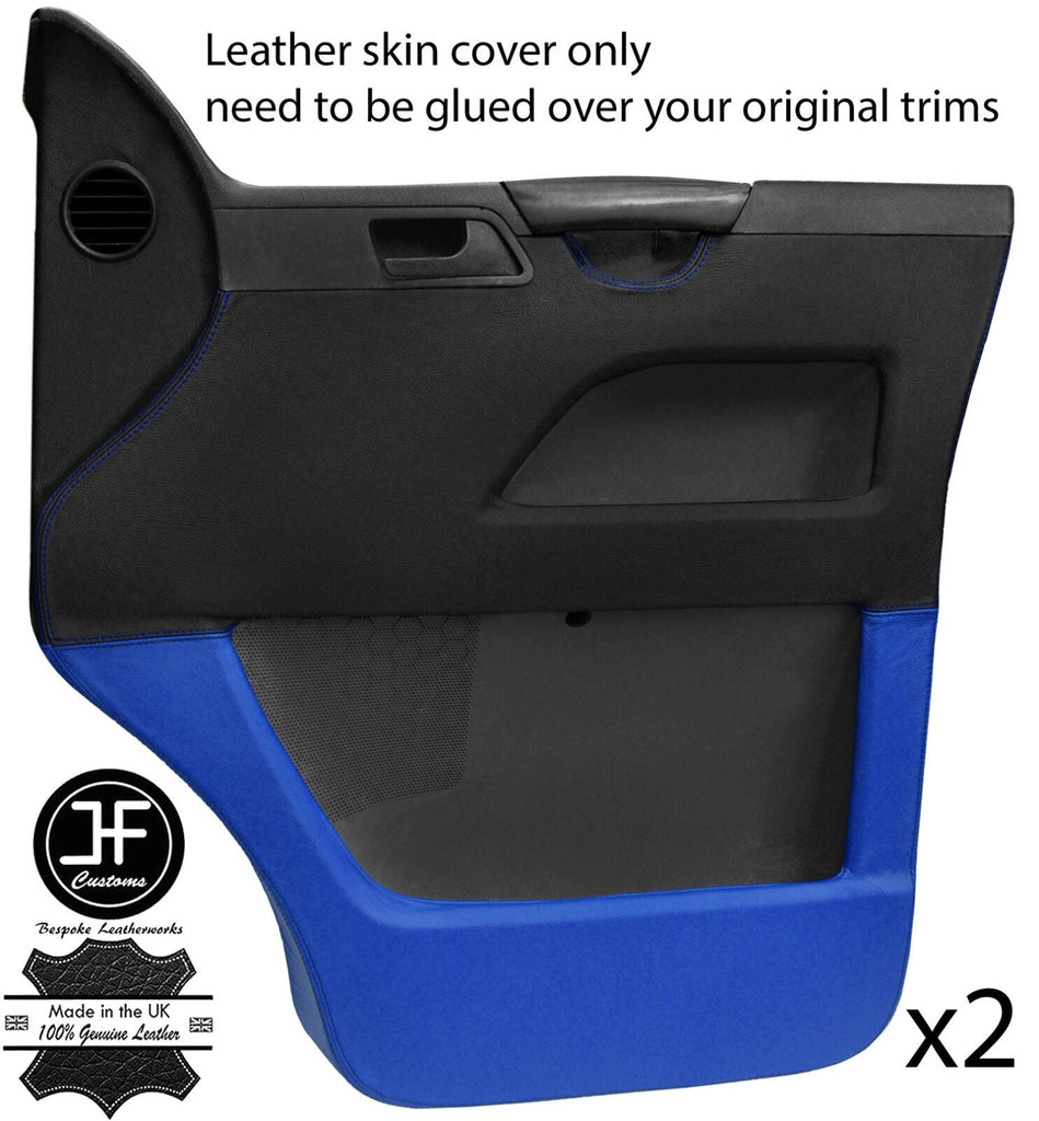 BLACK & BLUE REAL LEATHER 2X FRONT DOOR CARD COVERS FOR VW T5 TRANSPORTER
