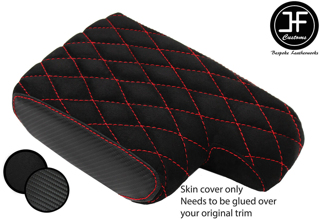 RED DIAMOND STITCH CARBON VINYL AND SUEDE ARMREST COVER FOR BMW 3 E36 91-98