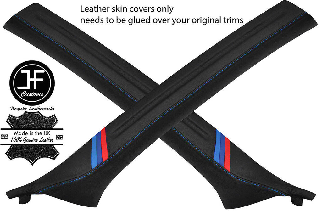 BLUE STITCH TRI STRIPE 2X A PILLAR REAL LEATHER COVERS FOR BMW 3 E46 COUPE 98-05