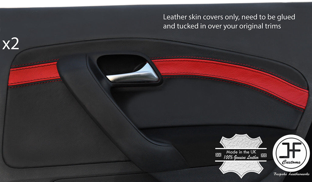 BLACK & RED 2X REAR DOOR CARD TRIM LEATHER COVER FOR VW POLO MK8 09-16 5 DOOR