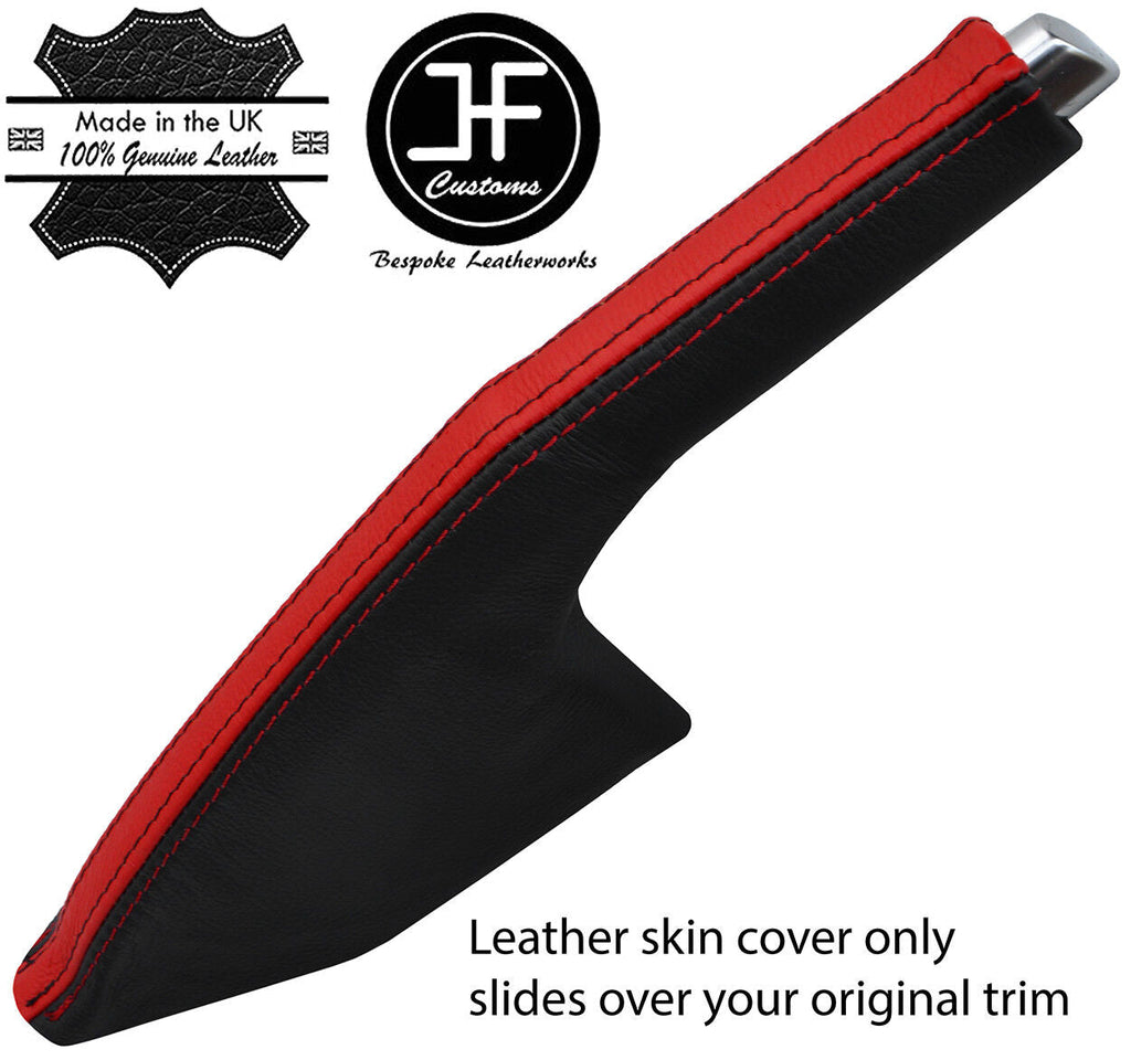 BLACK & RED STRIPE REAL LEATHER HANDBRAKE GAITER FITS VW POLO 2014-2017