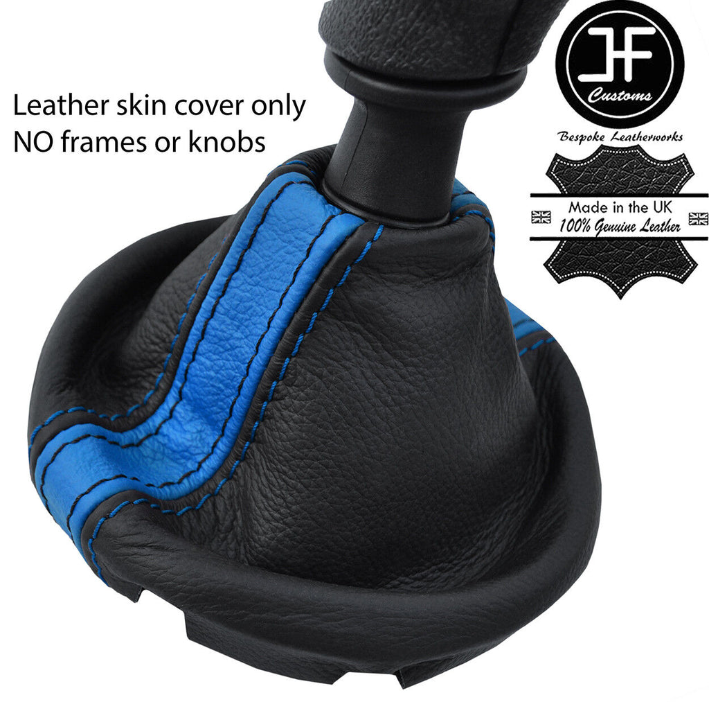 BLACK & BLUE STRIPE REAL LEATHER GEAR GAITER FOR VW T5 TRANSPORTER CARAVELLE