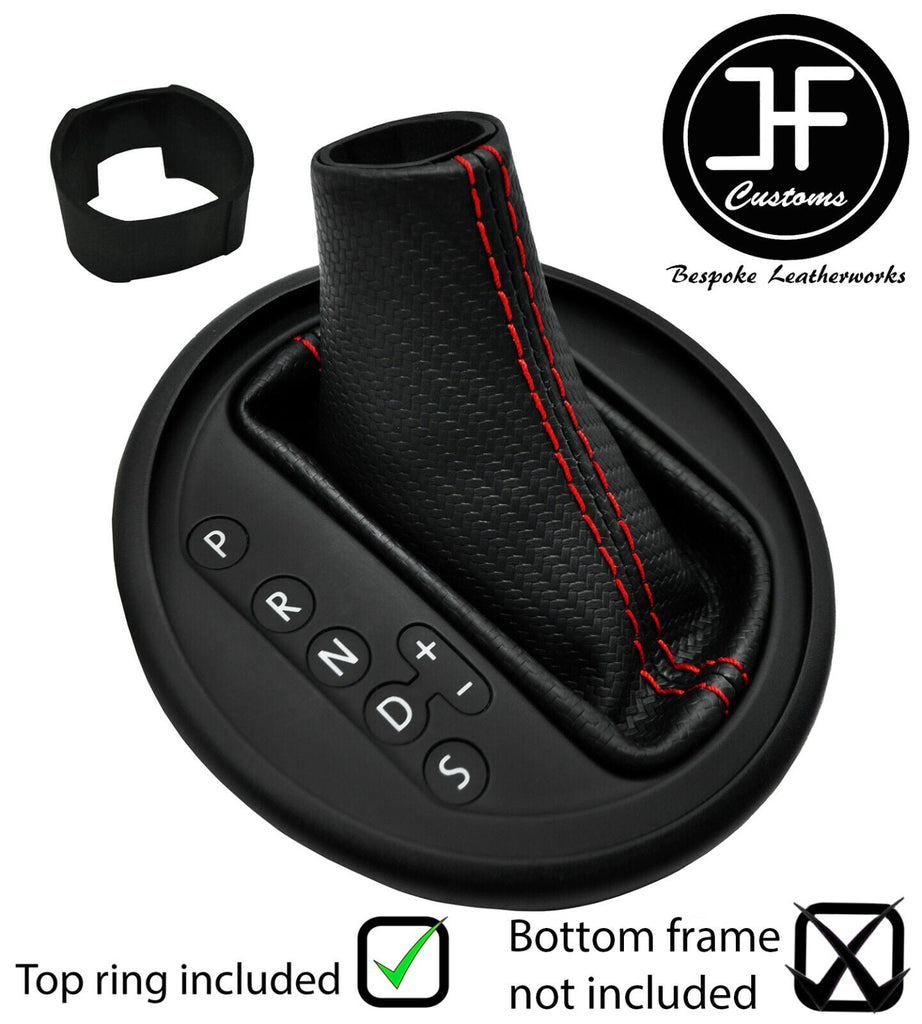 RED STITCH CARBON VINYL AUTO AUTOMATIC GEAR GAITER+TOP RING FOR VW T5 03-2015