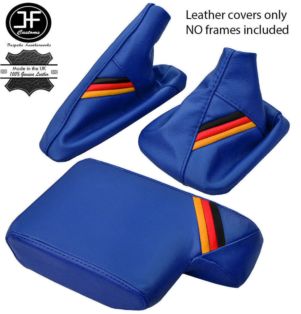 BLUE LEATHER GERMAN STRIPES GEAR HANDBRAKE ARMREST COVER FOR BMW E46 99-05