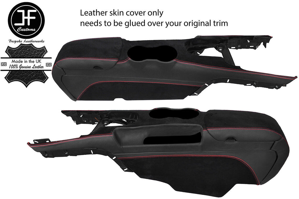 RED STITCH CONSOLE + ARMREST SUEDE & LEATHER COVERS FOR FORD MUSTANG 15-18
