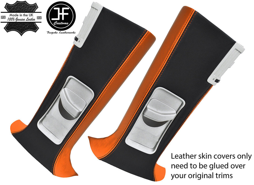 BLACK & ORANGE LEATHER 2X UPPER B PILLAR COVERS FOR VW T5 TRANSPORTER SHUTTLE