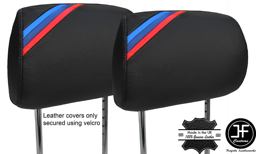 TRI STRIPE BLACK STITCH 2X SPORT FRONT HEADREST COVERS FOR BMW E46 99-05