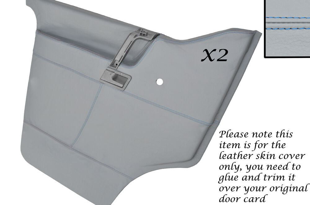 BLUE STITCH 2X DOOR CARDS GREY LEATHER COVERS FITS VW T4 TRANSPORTER CAMPER