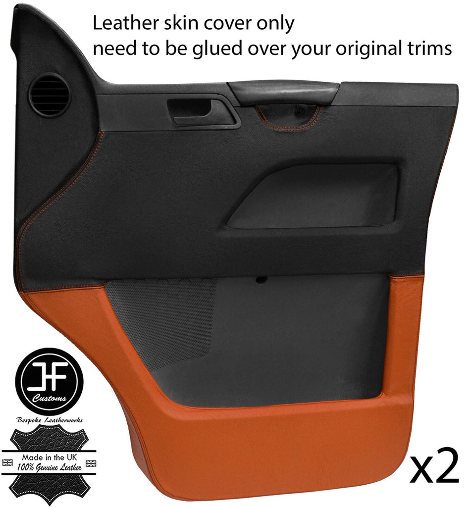 BLACK & ORANGE REAL LEATHER 2X FRONT DOOR CARD COVERS FOR VW T5 TRANSPORTER