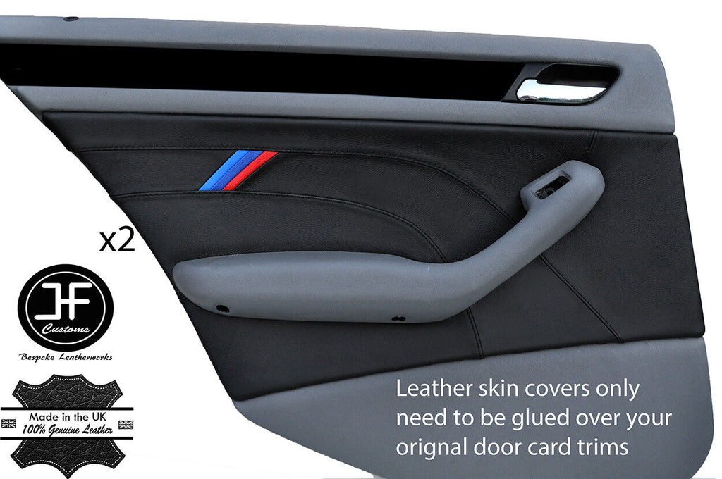 BLACK STITCH TRI STRIPE 2X REAR DOOR CARD LEATHER COVER FOR BMW E46 SALOON 98-05