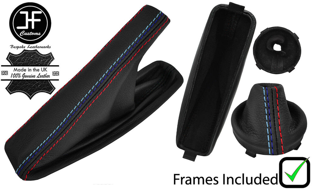BLACK & TRI STITCH LEATHER SMG GEAR+HANDBRAKE+PLASTIC FRAME FOR BMW E46 99-05