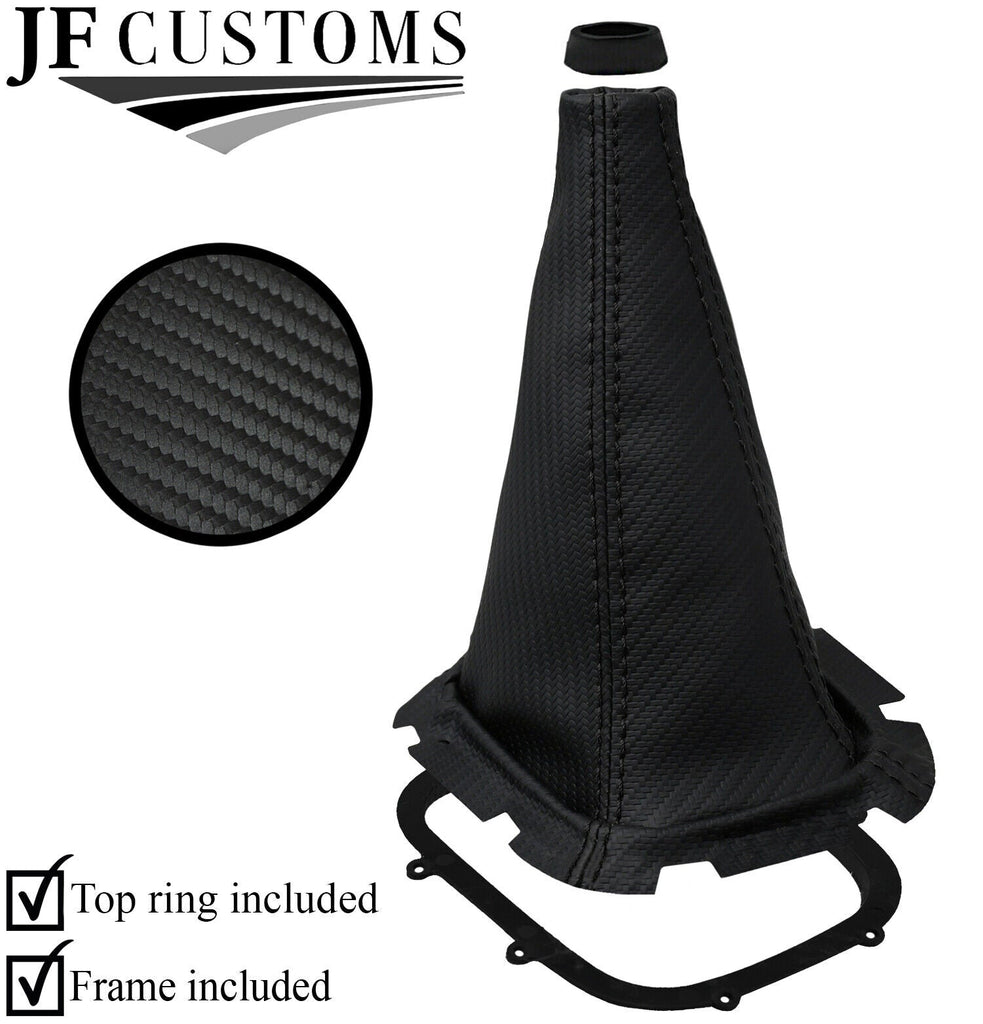 BLACK STITCH CARBON VINYL GEAR GAITER+FRAME+TOP RING FOR SUBARU FORESTER 98-02