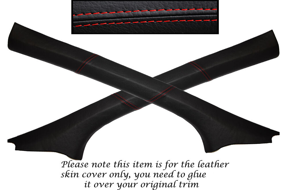 RED STITCH 2X A POST PILLAR LEATHER SKIN COVERS FITS PEUGEOT 308 2007-2012