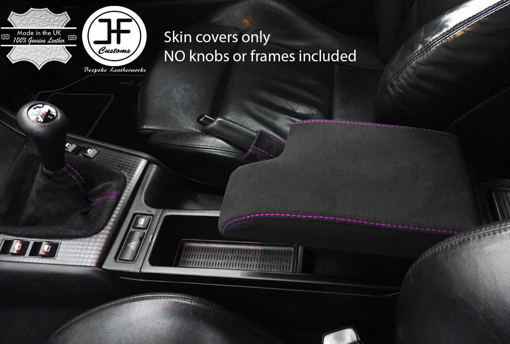 PURPLE STITCH REAL SUEDE GEAR HANDBRAKE & ARMREST COVER FITS BMW E46 1999-2005