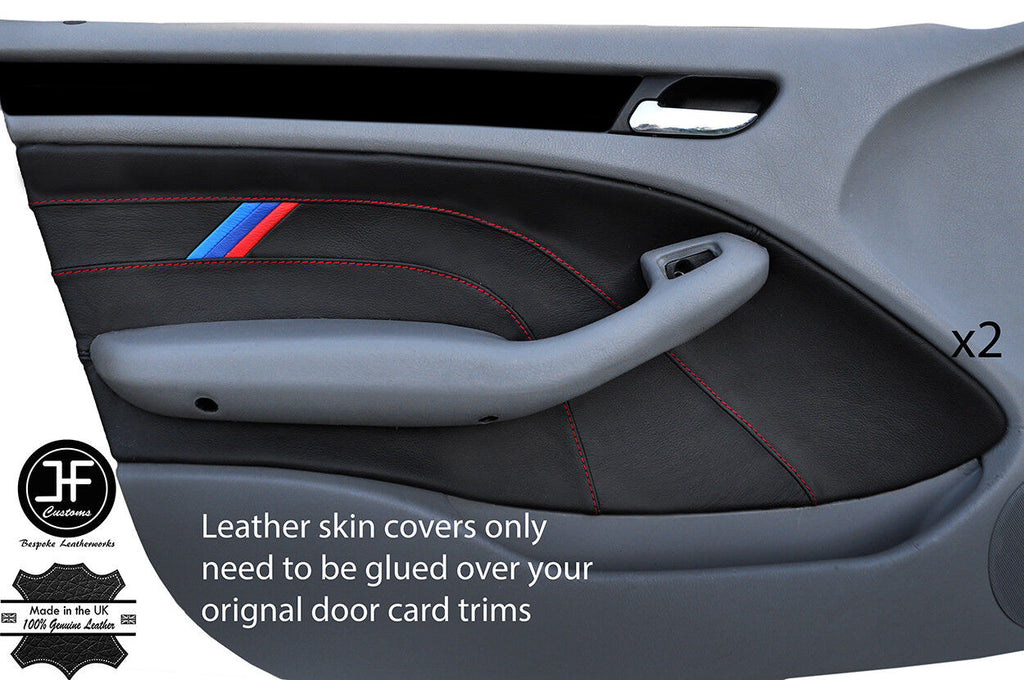 RED STITCH TRI STRIPE 2X FRONT DOOR CARD LEATHER COVER FOR BMW E46 SALOON 98-05