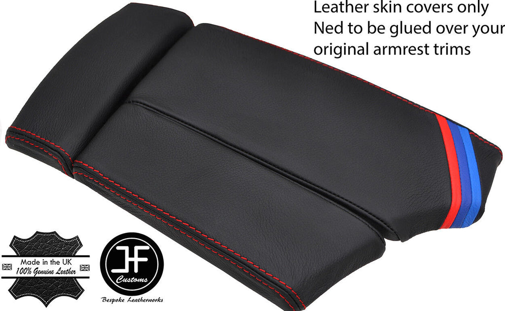 RED STITCH TRI STRIPE SLIDING ARMREST REAL LEATHER COVER FOR BMW E60 E61 03-11