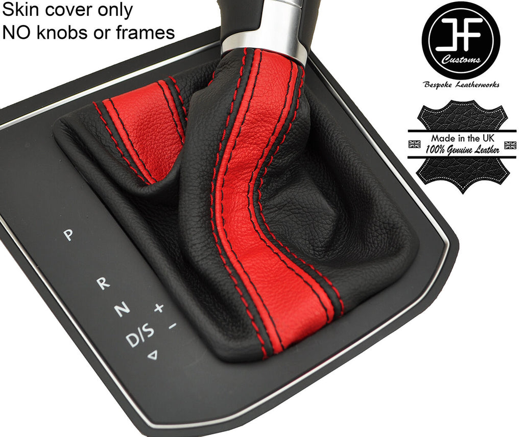 BLACK & RED STRIPE LEATHER DSG AUTOMATIC GEAR GAITER FOR VW TOURAN 5T 15-17