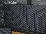 BLACK LEATHER PADDED R BLUE DIAMOND STITCH 1M X 0.5M UPHOLSTERY FURNITURE AUTO