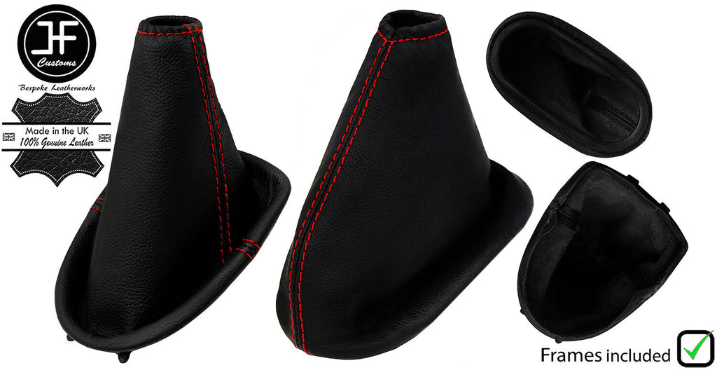 RED STITCH LEATHER MANUAL GAITER SET +FRAME FOR FORD FIESTA MK4 MK5 1995-2002