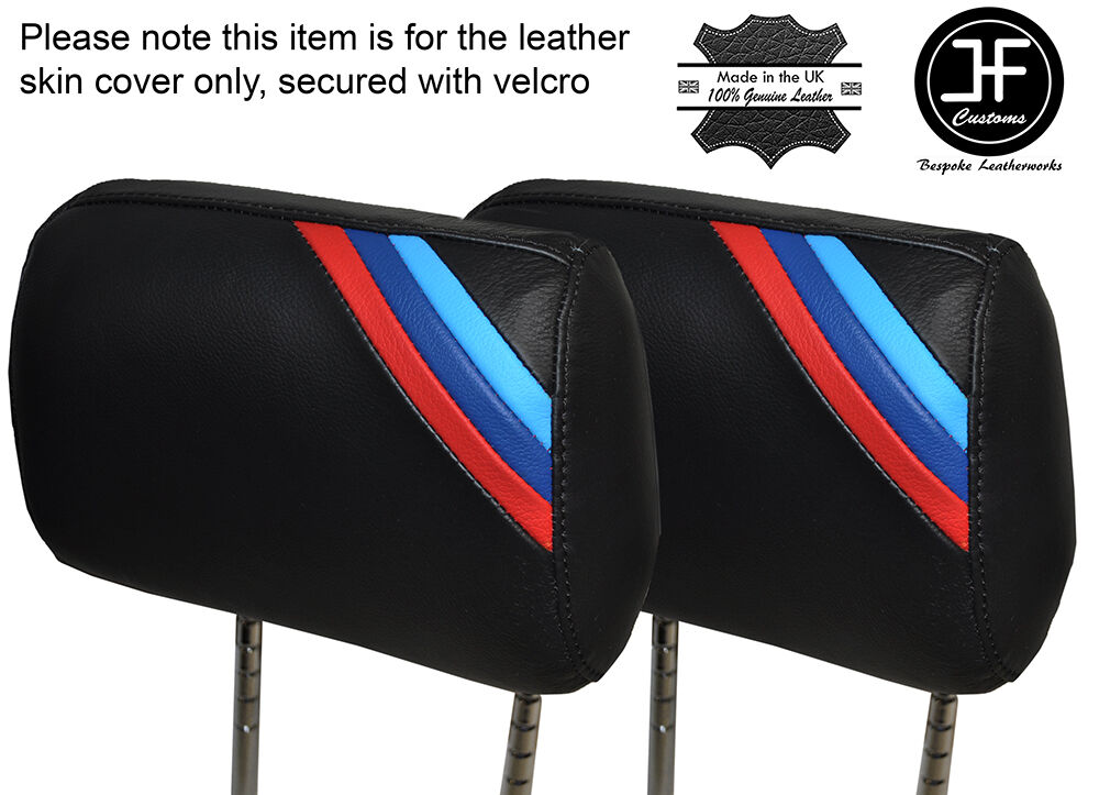 TRI STRIPES BLACK STITCH 2X FRONT HEADREST SKIN COVERS FITS BMW E30 84-92