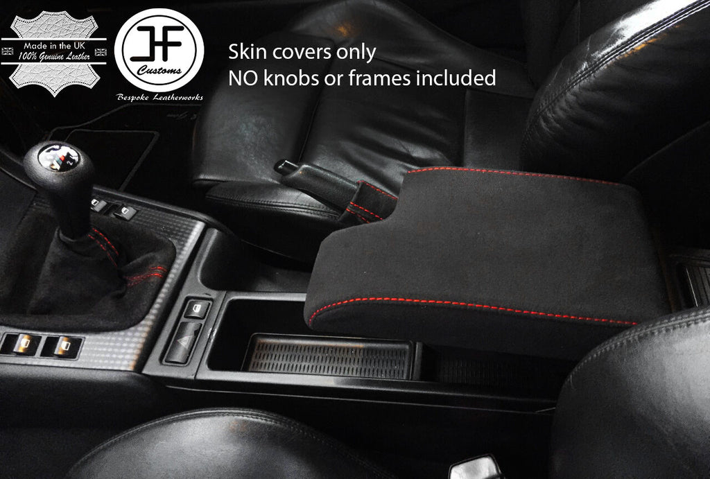 RED STITCH REAL SUEDE GEAR HANDBRAKE & ARMREST COVER FITS BMW E46 1999-2005