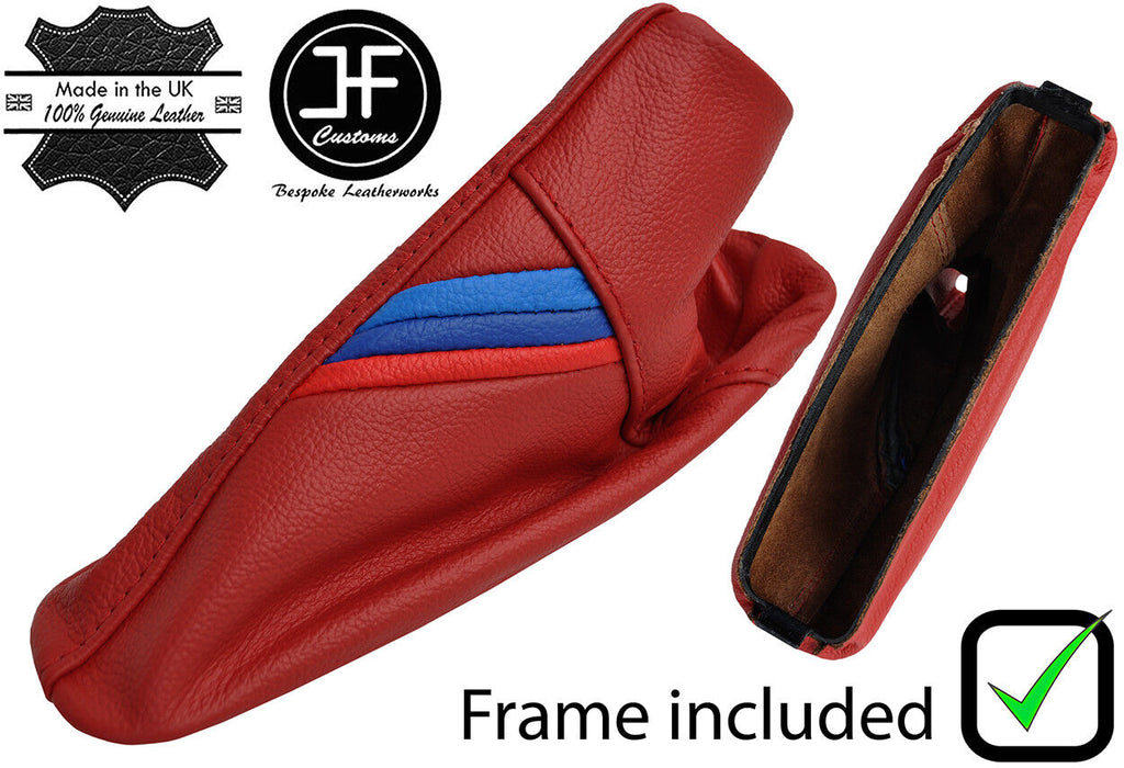 DARK RED REAL LEATHER TRI STRIPE GAITER + PLASTIC FRAME FOR BMW E46 1999-2005