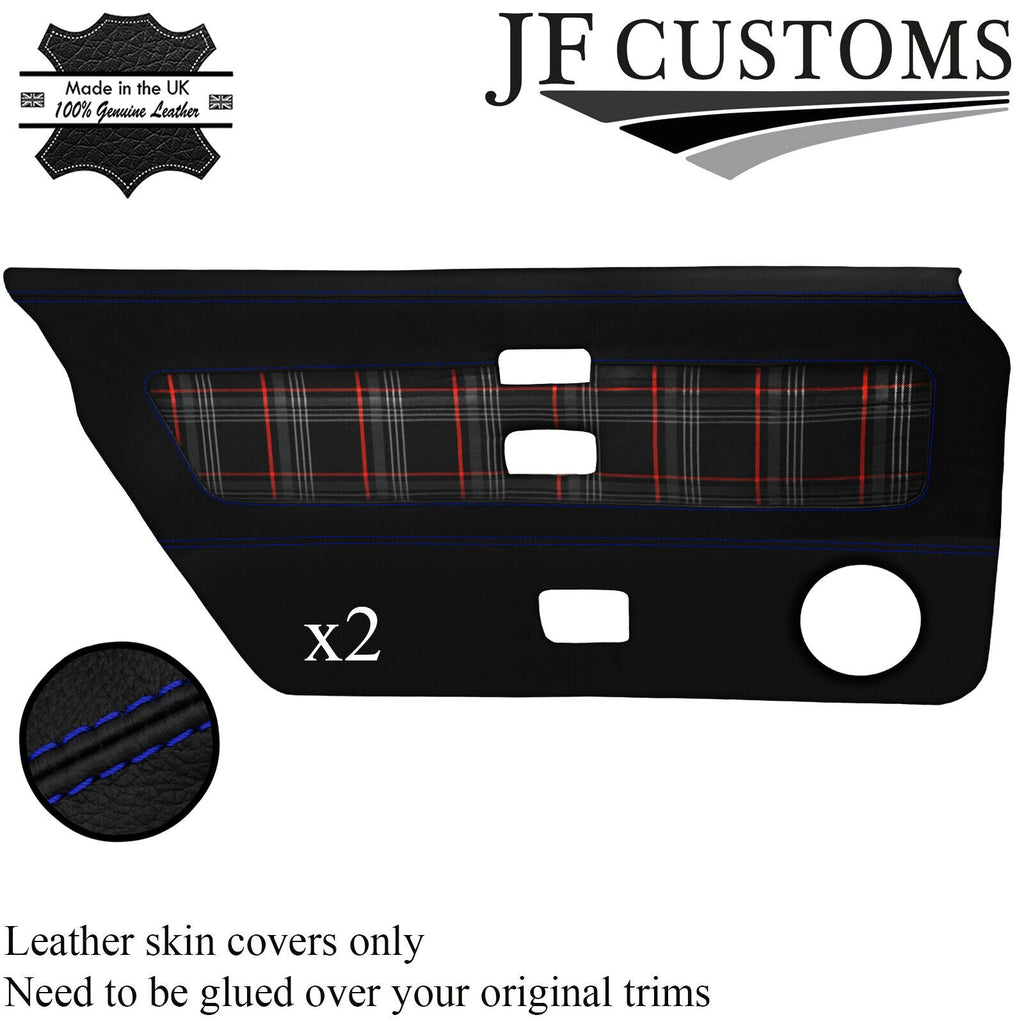 BLUE STITCH LEATHER+RED TARTAN 2X DOOR CARD COVER FOR TRIUMPH TR8 78-81 JF2