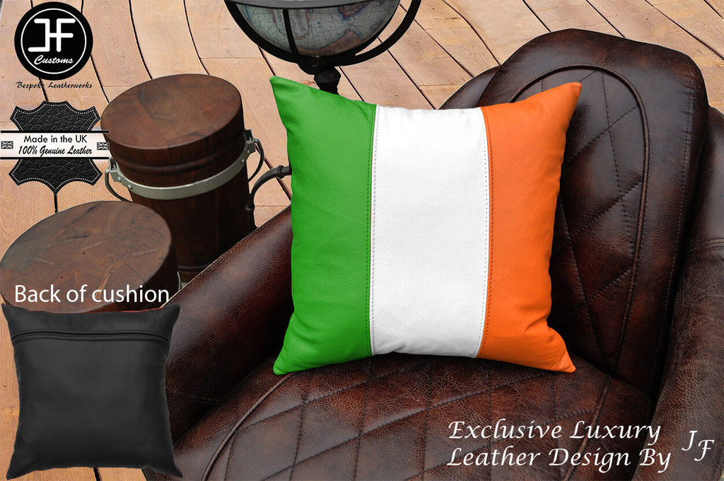 IRISH FLAG COLOUR LEATHER 1X EXCLUSIVE LUXURY CUSHION 18"x18" BLACK BACK