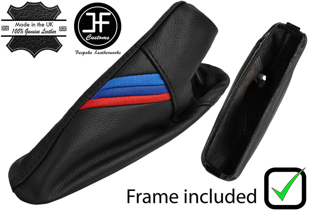 BLACK REAL LEATHER TRI STRIPE GAITER + PLASTIC FRAME FOR BMW E46 1999-2005