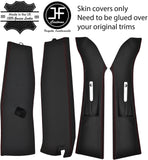 RED STITCH LEATHER 2X UPPER & 2X LOWER B PILLAR COVERS FITS VW T6 2016-2019