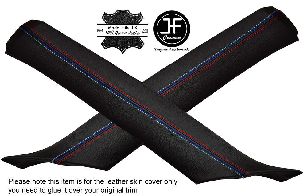 BLACK LEATHER TRI STITCH 2X A POST PILLAR COVERS FITS BMW E23 7 SERIES 1977-1986