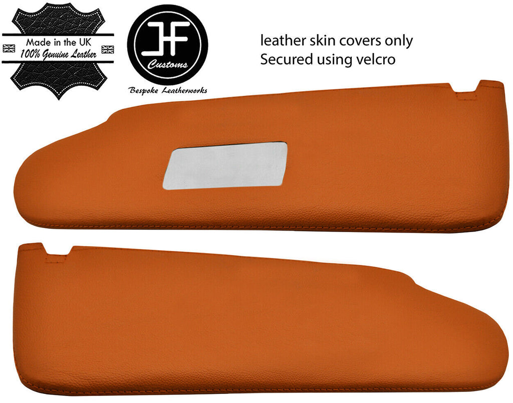 ORANGE REAL LEATHER 2X SUN VISORS COVER FOR VW T5 TRANSPORTER 1 MIRROR CUTOUT