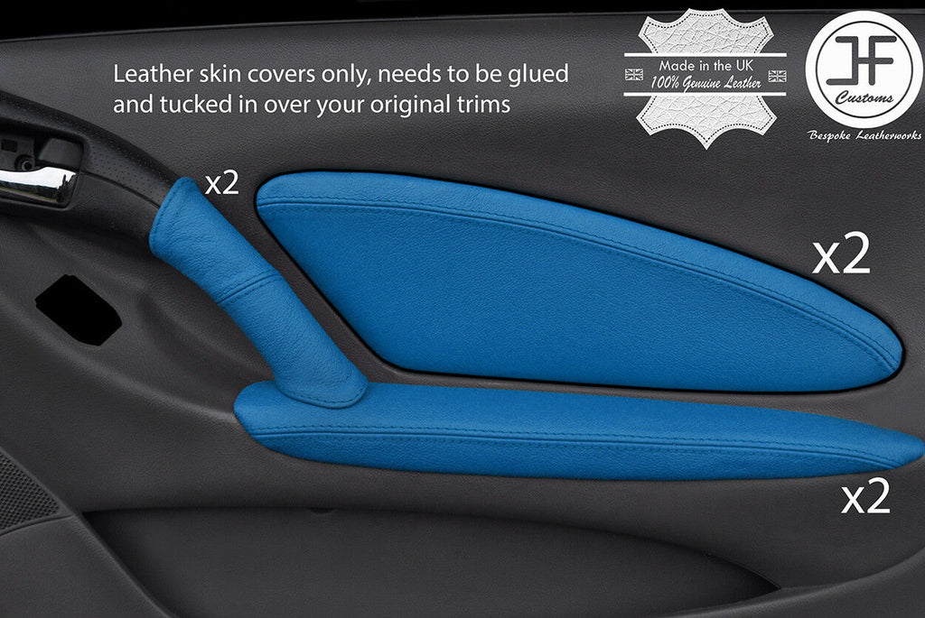 BLUE REAL LEATHER 2X FRONT DOOR CARD COVERS FITS TOYOTA CELICA MK7 1999-2005