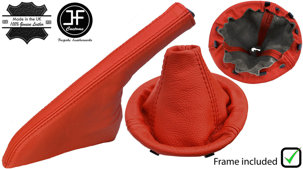 RED REAL LEATHER GEAR + FRAME & SLIM HANDBRAKE COVER FOR FIAT 500 2007-2015