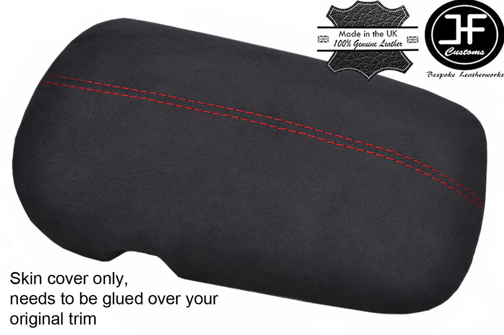 RED STITCH CHARCOAL PU SUEDE ARMREST LID COVER FITS FORD MUSTANG 2015-2017