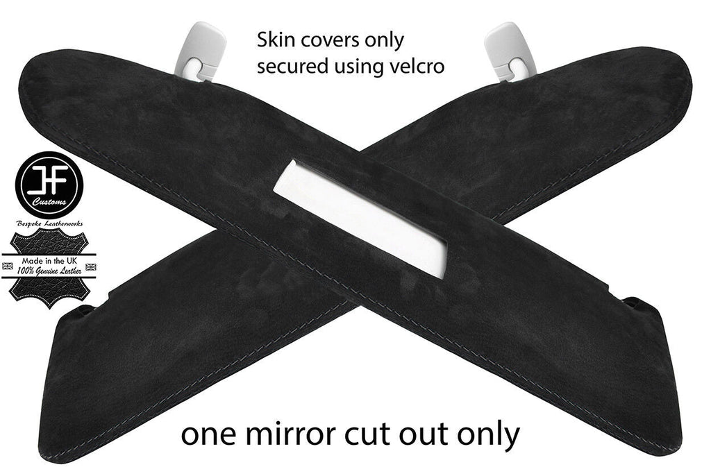 BLACK STITCH 2X SUN VISOR LUXE SUEDE COVERS FOR T5 TRANSPORTER 1 MIRROR CUTOUT