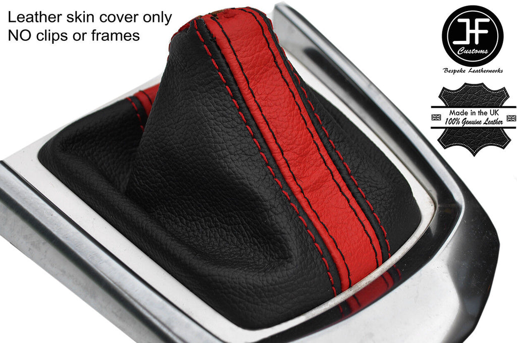 BLACK & RED  STRIPE TOP GRAIN LEATHER MANUAL GEAR GAITER FITS MAZDA 2 14-18