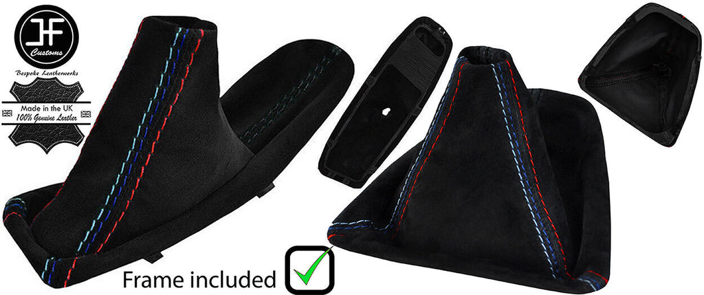 BLACK & TRI STITCH SUEDE MANUAL GAITER SET+PLASTIC FRAME FOR BMW E90 E91 E92 E93