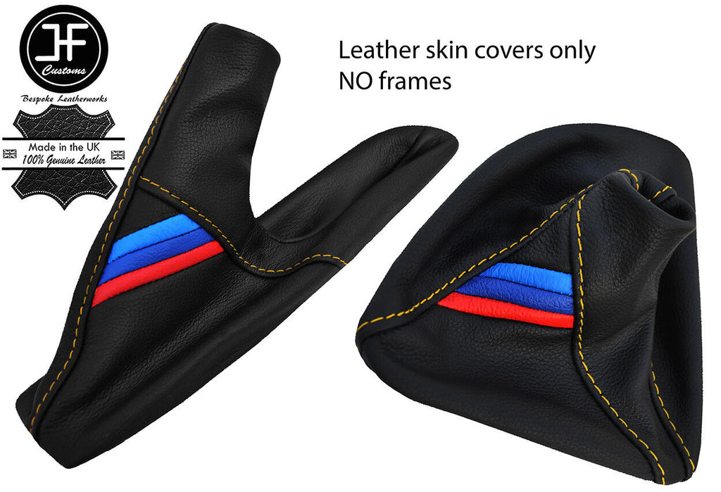 YELLOW STITCH TRI STRIPES GEAR HANDBRAKE GAITER SET FITS BMW E81 E82 E87 E88