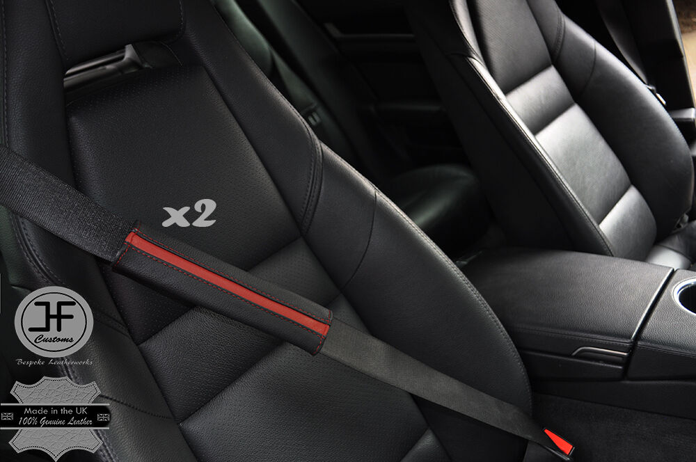2X BLACK LEATHER & DARK RED STRIPE LUXURY SHOULDER SEAT BELT PADDED PADS