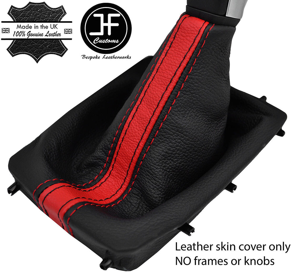 BLACK & RED STRIPE REAL LEATHER MANUAL GEAR GAITER FITS PEUGEOT 308 MK2 14-18